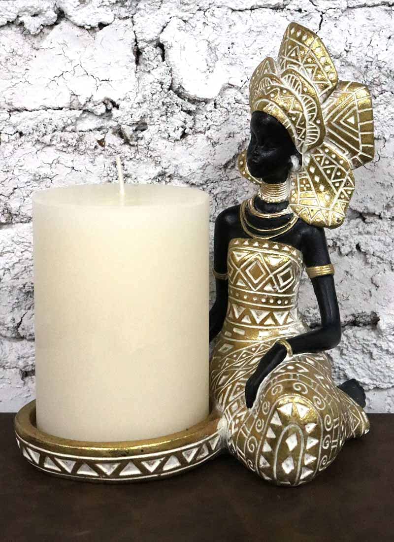 Lescafita African Lady Figurine Candle Holder with African Tribal Totem for Wedding,Church,Holiday Decor-African Decorative Women Statues, Candlestick Holder for Home and Table Decor(754-Gold)