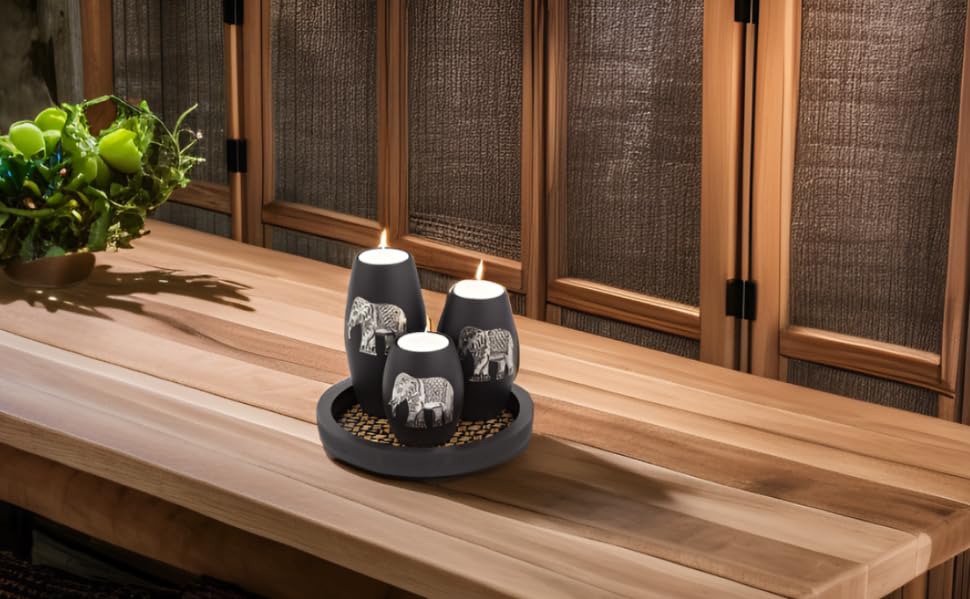 IYARA CRAFT Tealight Candle Holders with Candle Tray Set of 3 Decorative Candle Holders Matte Wood Finish with Inlaid Aluminum Antique Elephant Intricate Details