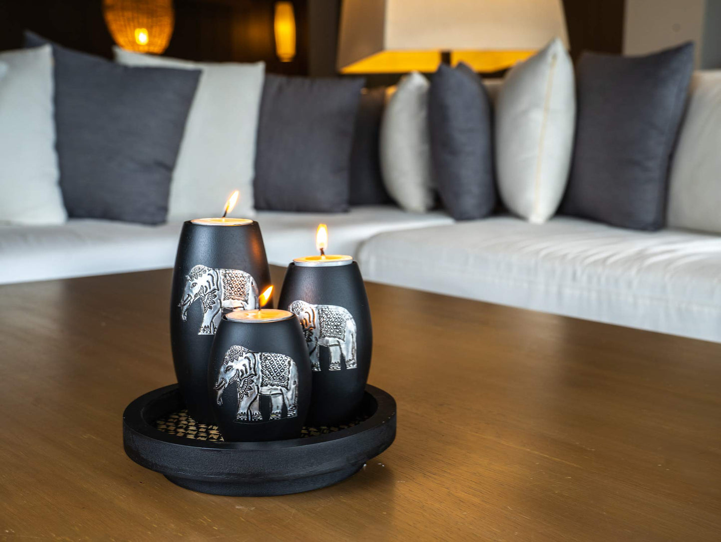 IYARA CRAFT Tealight Candle Holders with Candle Tray Set of 3 Decorative Candle Holders Matte Wood Finish with Inlaid Aluminum Antique Elephant Intricate Details