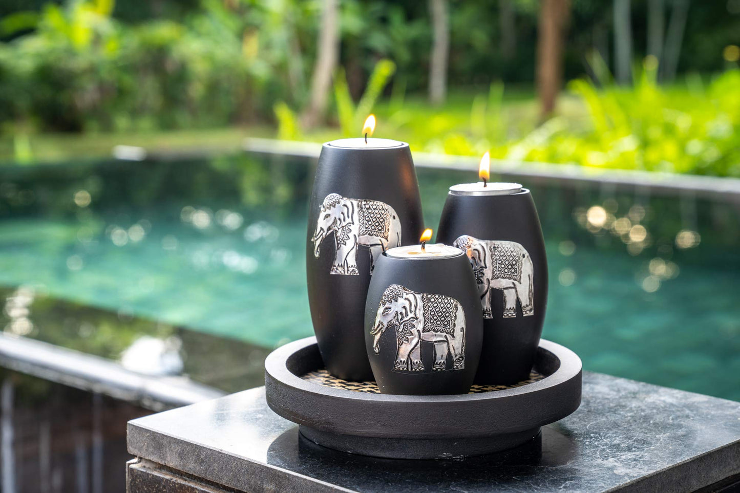 IYARA CRAFT Tealight Candle Holders with Candle Tray Set of 3 Decorative Candle Holders Matte Wood Finish with Inlaid Aluminum Antique Elephant Intricate Details