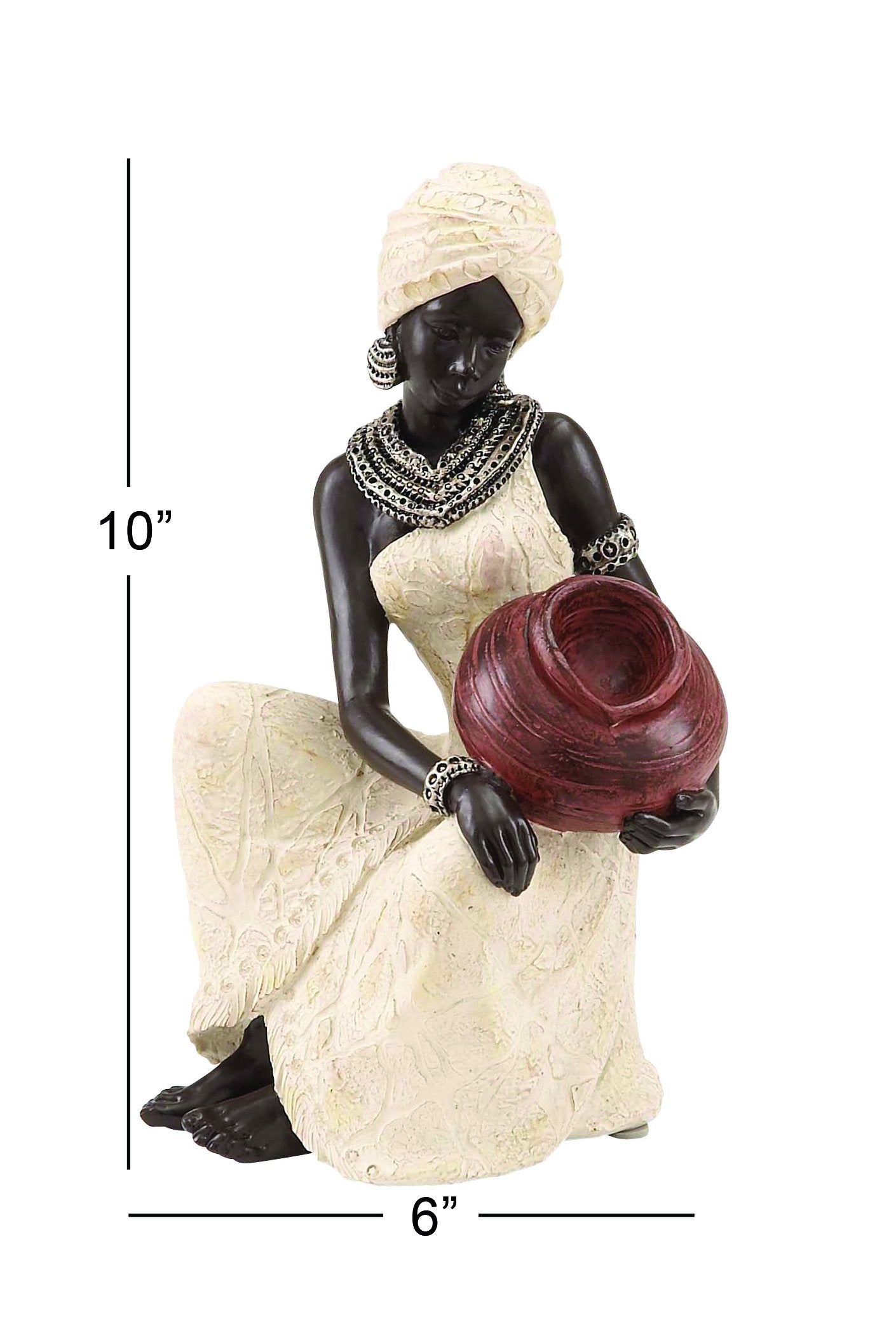 Deco 79 Polystone Woman Decorative Sculpture Sitting African Home Decor Statue with Red Water Pot, Accent Figurine 6" x 6" x 10", Cream