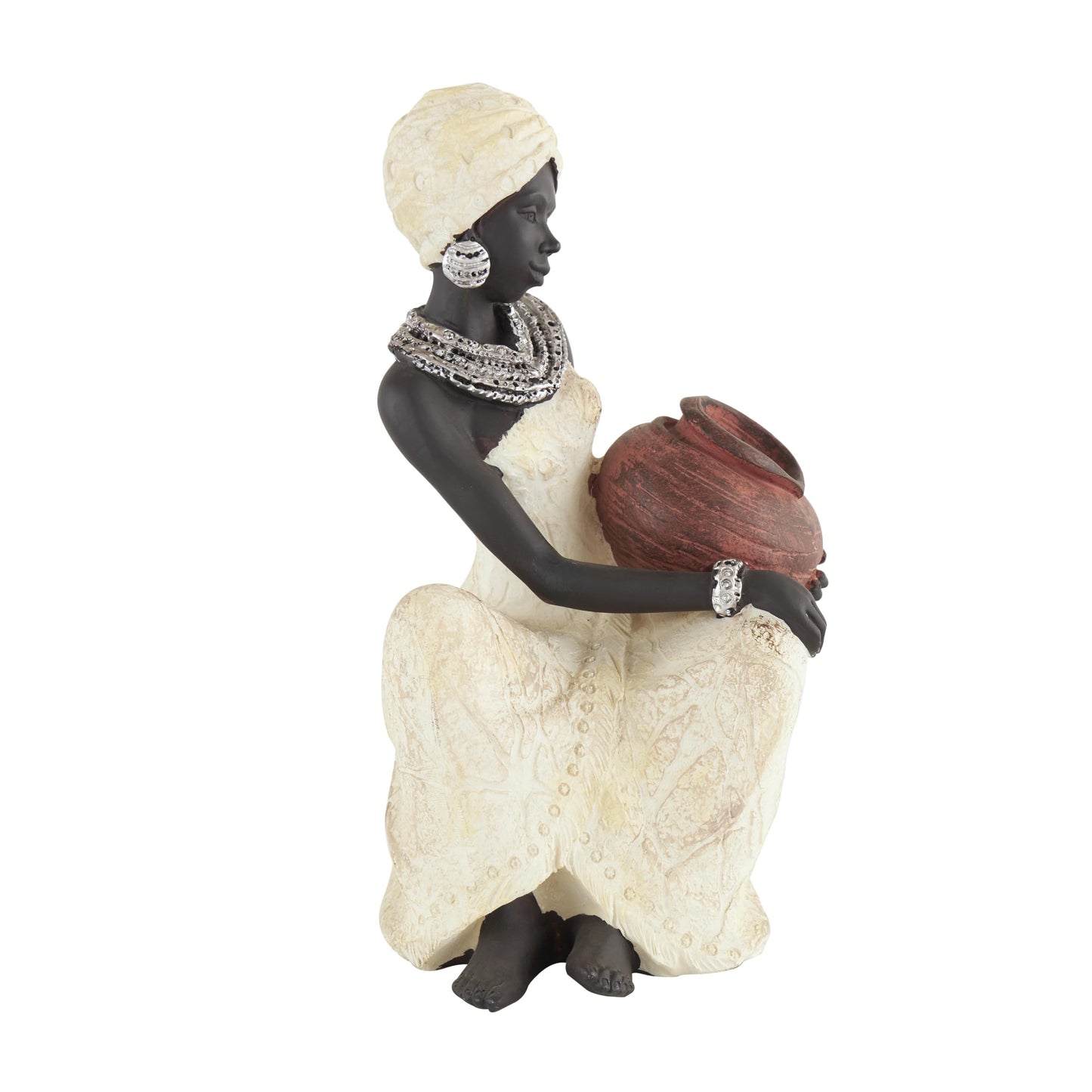 Deco 79 Polystone Woman Decorative Sculpture Sitting African Home Decor Statue with Red Water Pot, Accent Figurine 6" x 6" x 10", Cream