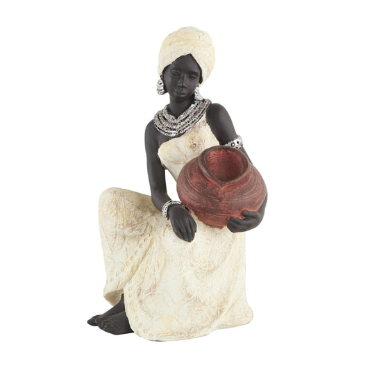 Deco 79 Polystone Woman Decorative Sculpture Sitting African Home Decor Statue with Red Water Pot, Accent Figurine 6" x 6" x 10", Cream