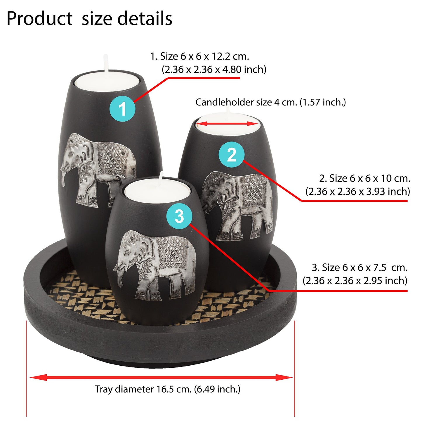 IYARA CRAFT Tealight Candle Holders with Candle Tray Set of 3 Decorative Candle Holders Matte Wood Finish with Inlaid Aluminum Antique Elephant Intricate Details