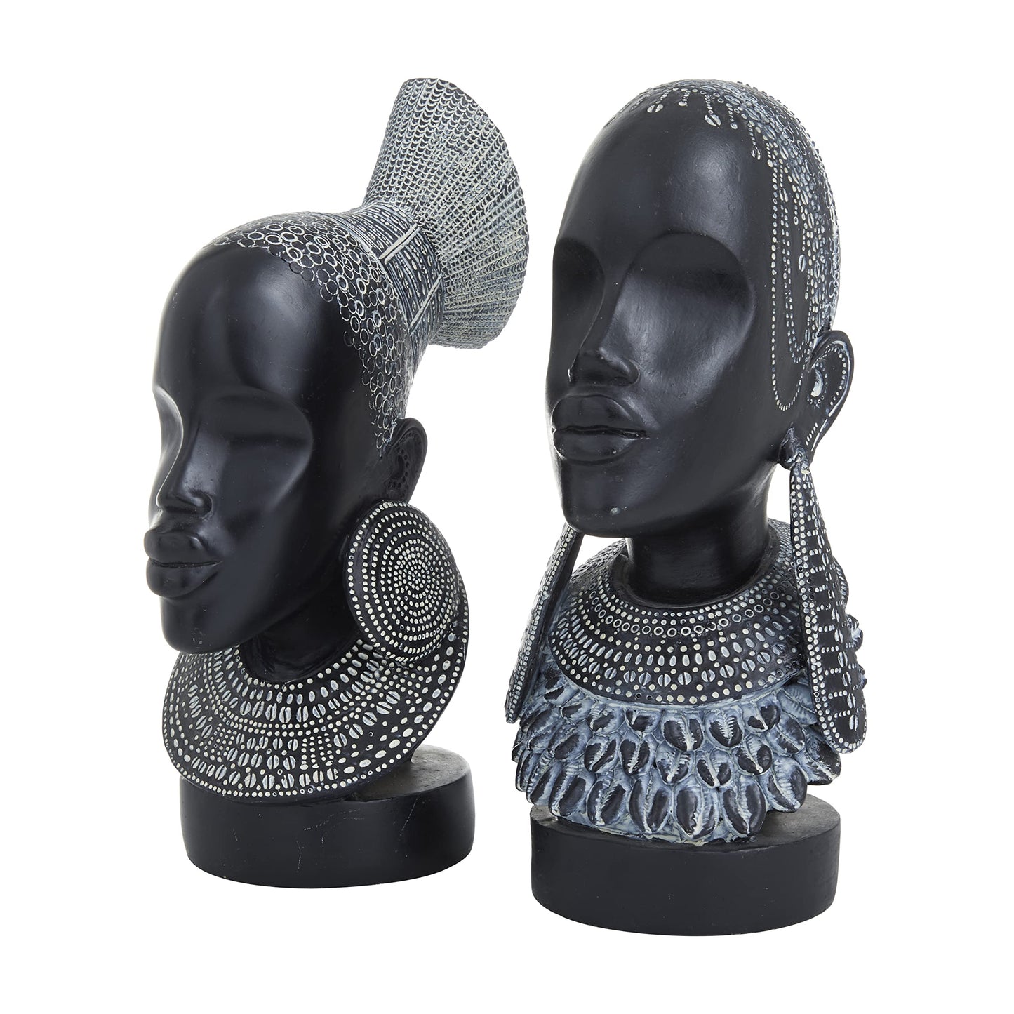 Deco 79 Polystone Woman Decorative Sculpture African Home Decor Statues, Set of 2 Accent Figurines 5"W, 11"H, Black