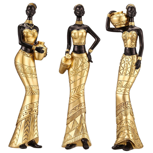 3 Pack African Art Sculptures- Vintage African Statues For Home Decor- Women's Tribal African American Figurines- Bookshelf, Office Decor- Deal For Birthday, Christmas, Thanksgiving, Mom Gifts-Gold