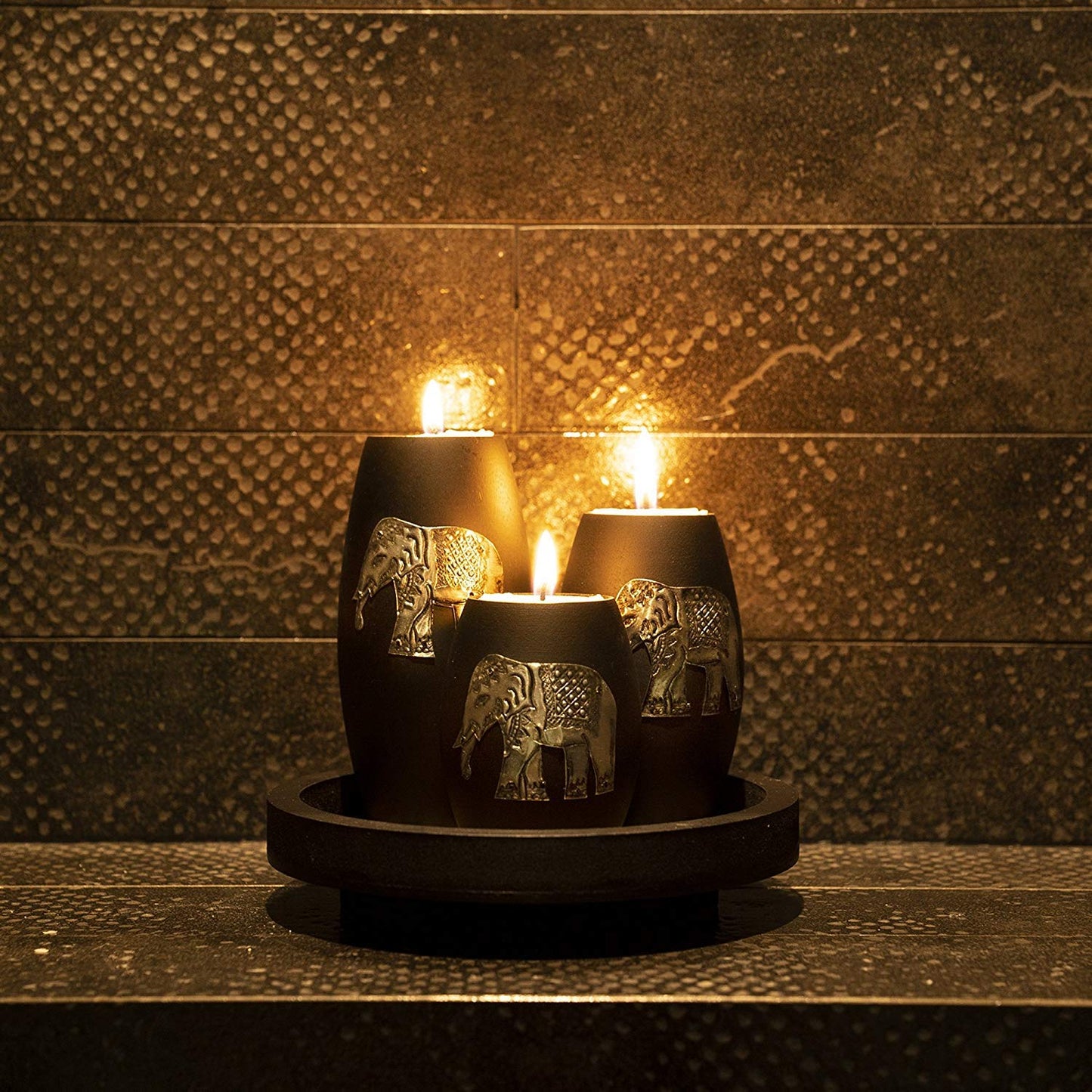 IYARA CRAFT Tealight Candle Holders with Candle Tray Set of 3 Decorative Candle Holders Matte Wood Finish with Inlaid Aluminum Antique Elephant Intricate Details