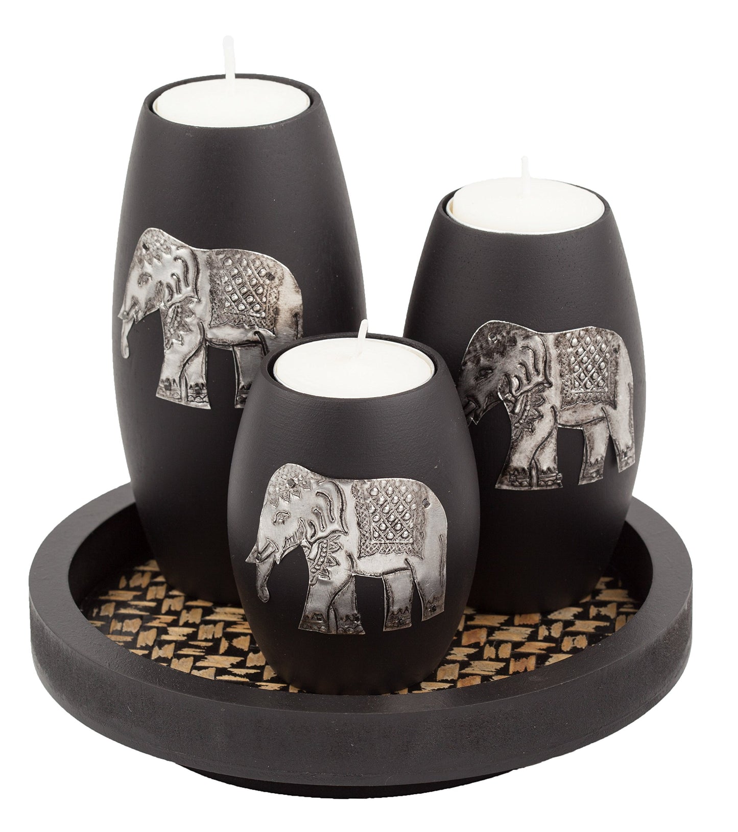 IYARA CRAFT Tealight Candle Holders with Candle Tray Set of 3 Decorative Candle Holders Matte Wood Finish with Inlaid Aluminum Antique Elephant Intricate Details